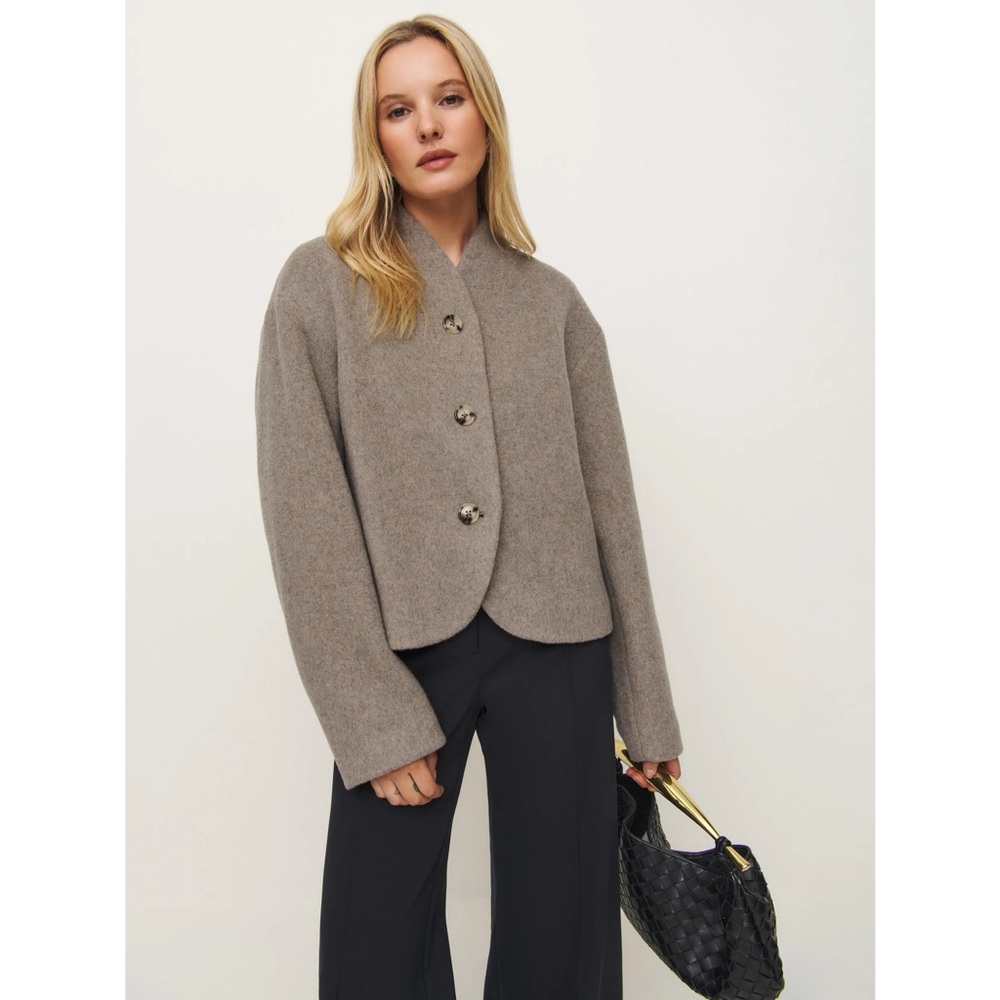Reformation Taupe Rounded-Hem Button Jacket